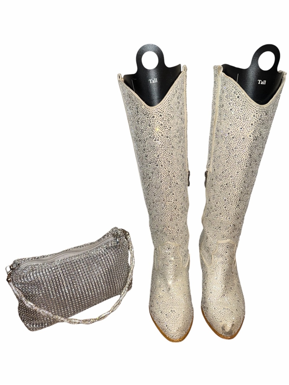Rhinestone Tall Silver Mid-Calf Boots & Rhinestone Purse Women's 8